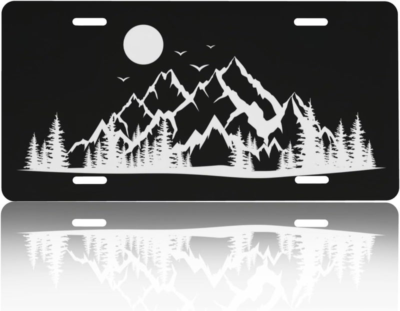 CTVSLFU Front License Plate Cover – Aluminum Metal Car Accessory, Rust-Proof Novelty Vanity Tag Decor for Men & Women, 6x12 with 4 Holes - Black White Mountain 008 - Image 1